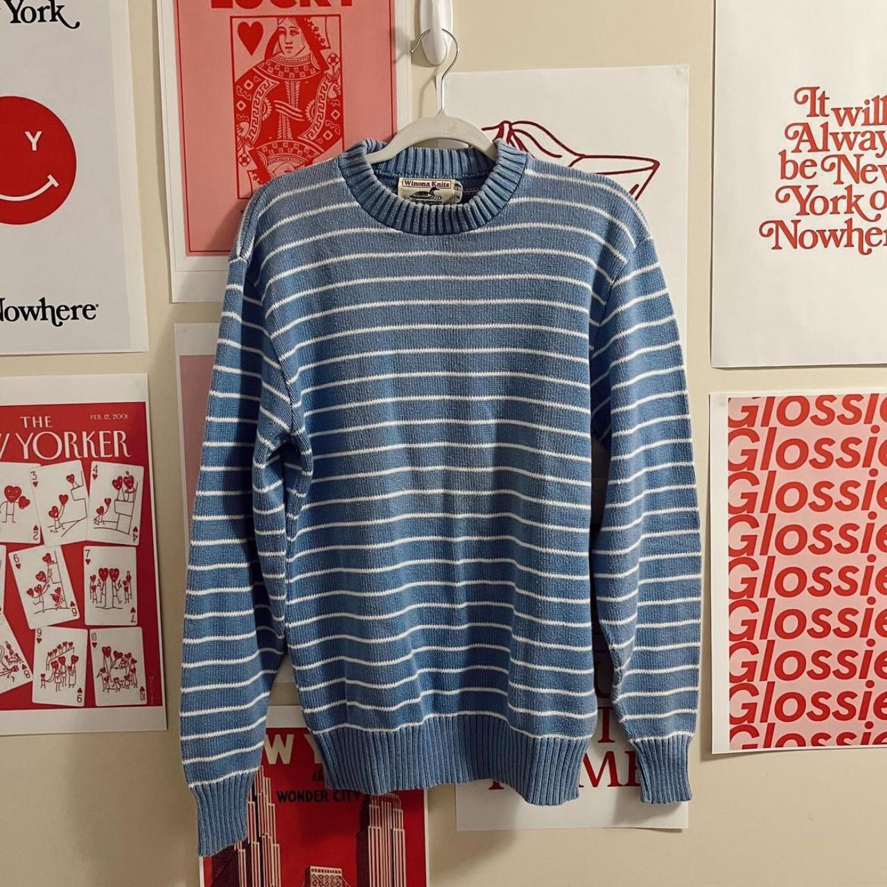 blue striped sweater size large thick... - Depop