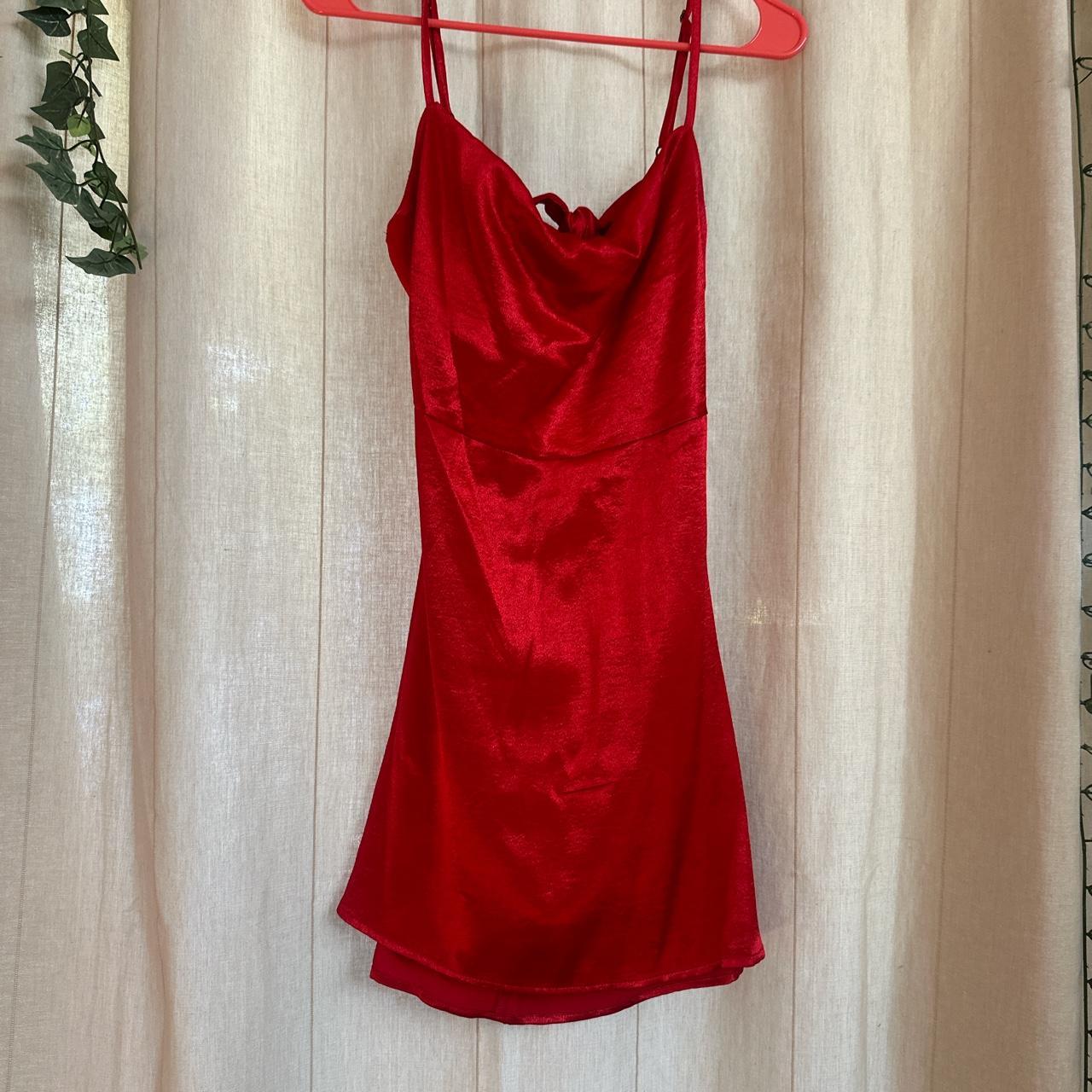 small red satin backless dress worn once excellent... - Depop