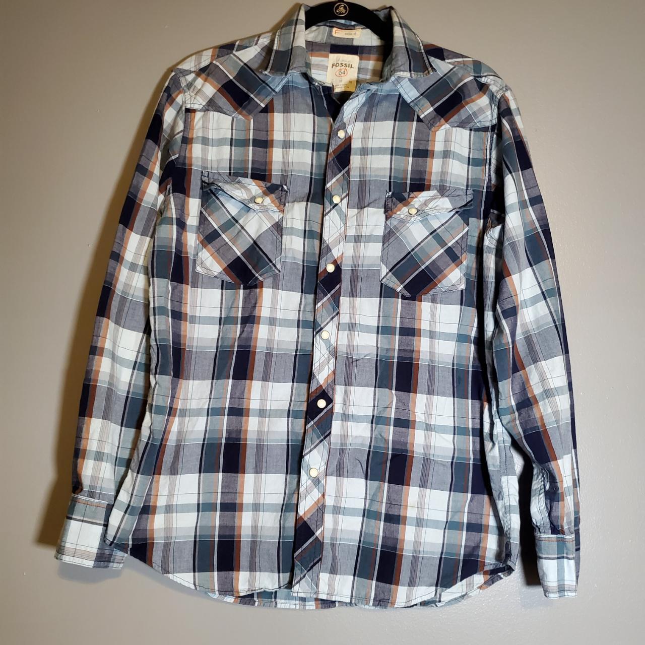 Fossil Western Peral Snap Blue Plaid Button Up Men's... - Depop