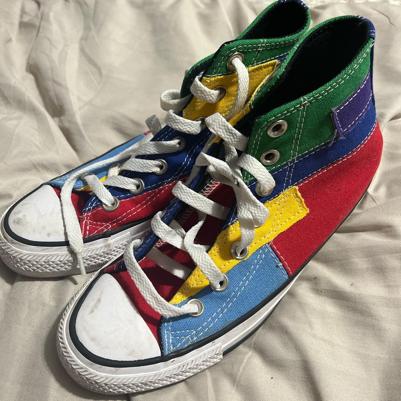 RED, GREEN AND BLUE COLOR BLOCK HIGH TOP CONVERSE.... - Depop