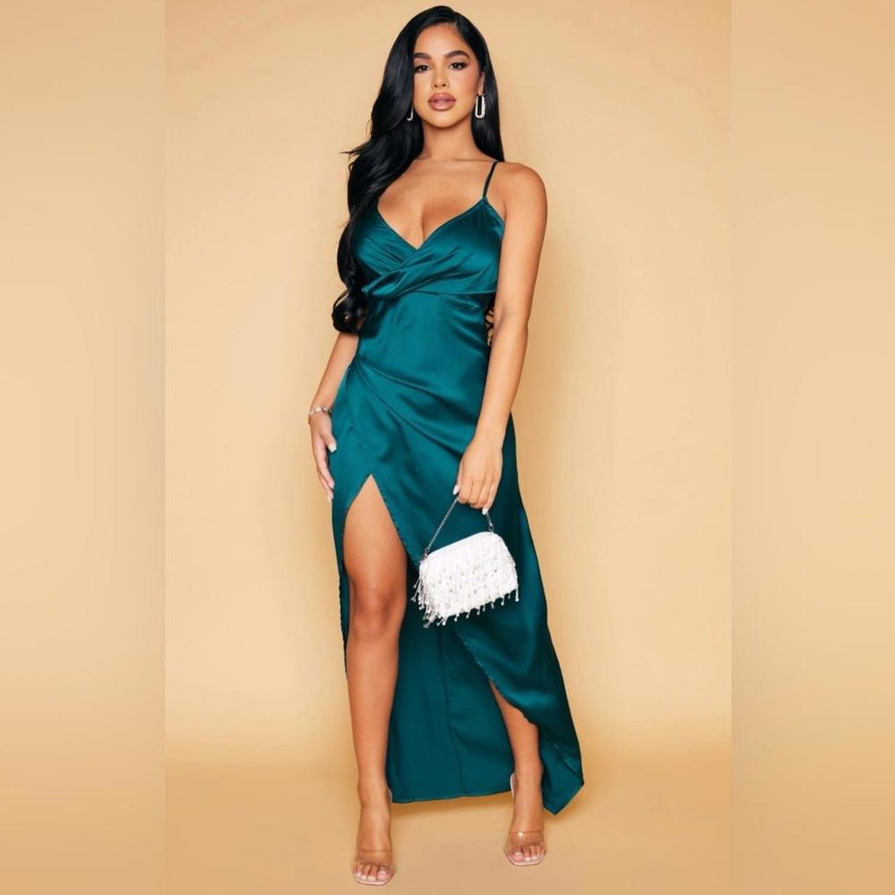 PLT Petite Emerald Green Satin Wrap Maxi Dress Depop