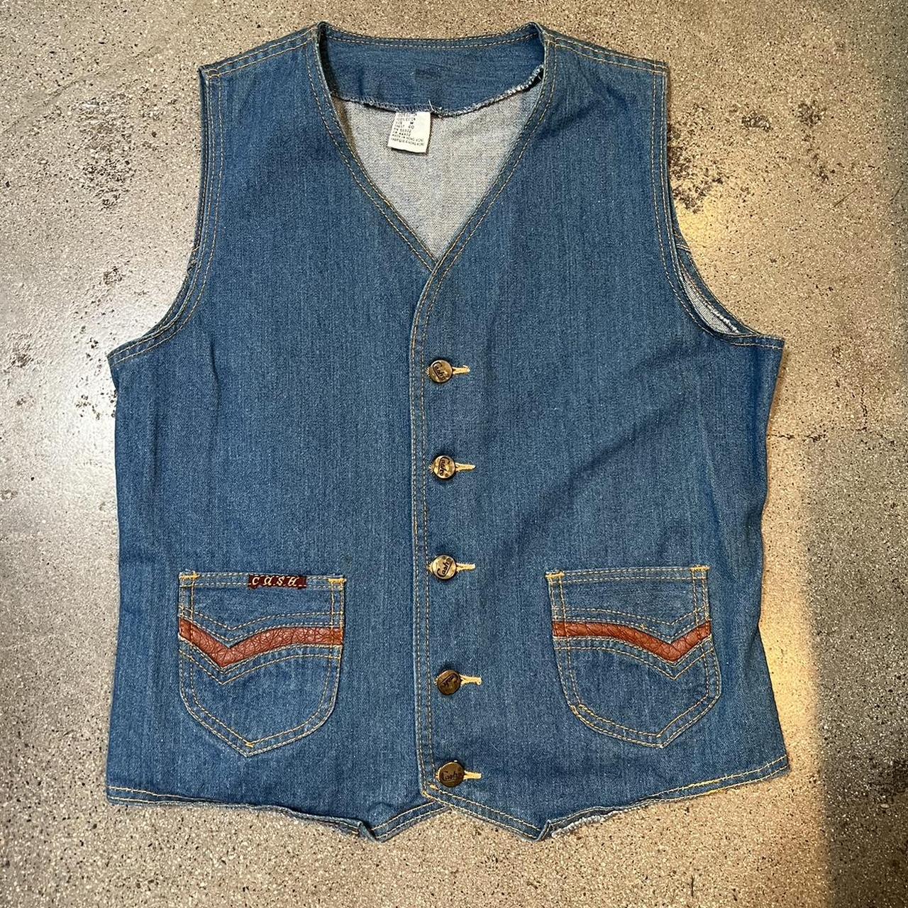 Vintage 70s denim vest with leather accents button... Depop