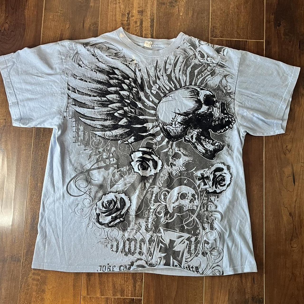 vintage affliction style shirt (imperfections shown... - Depop