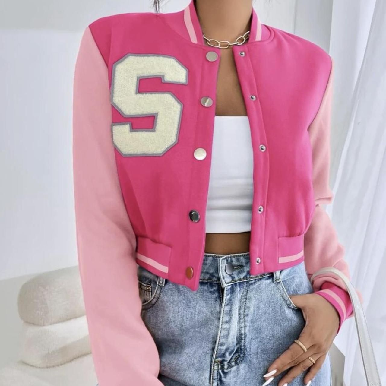 Cute, cropped, pink varsity letter jacket. Model is... - Depop