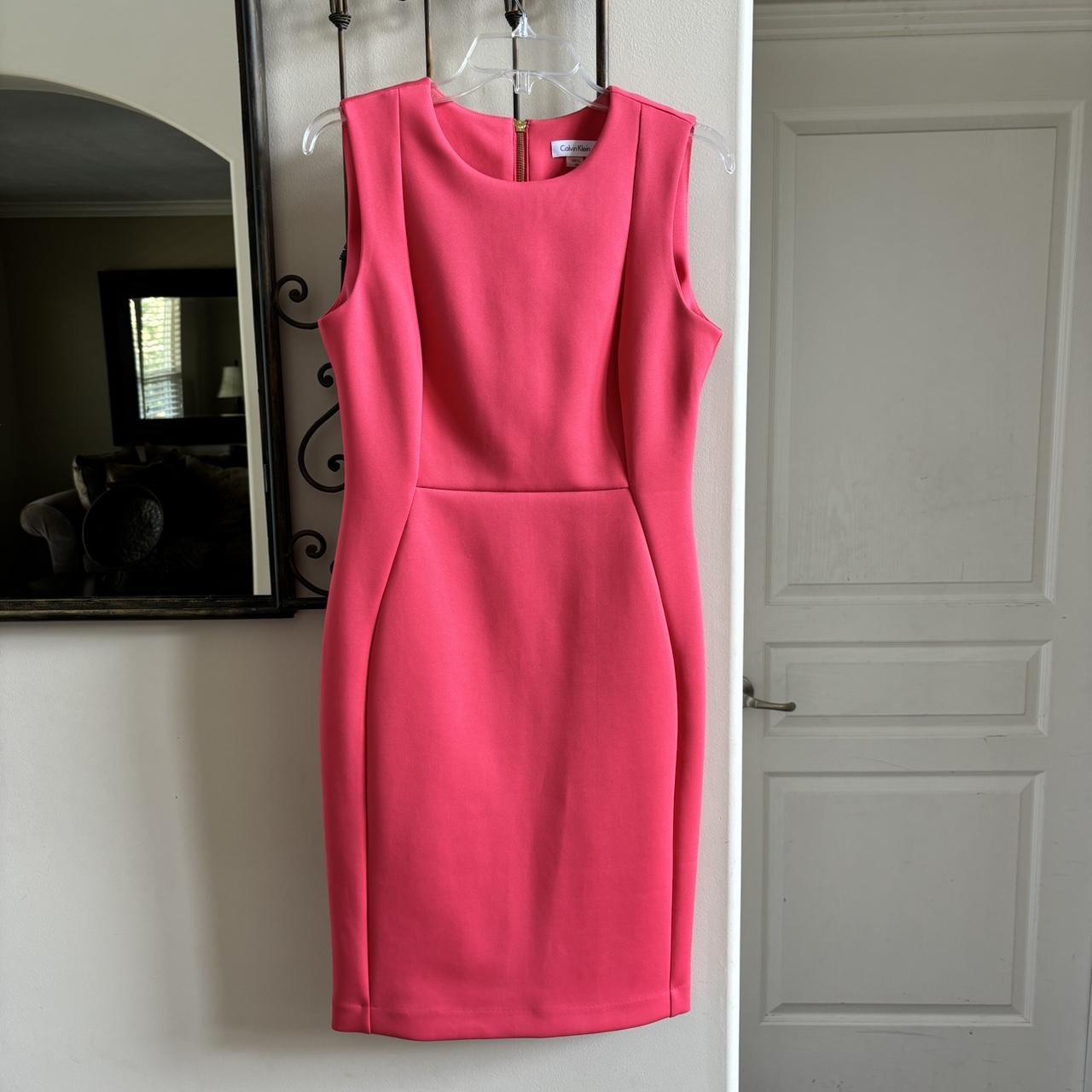 Calvin Klein Hot pink dress with a gold zipper down. Depop