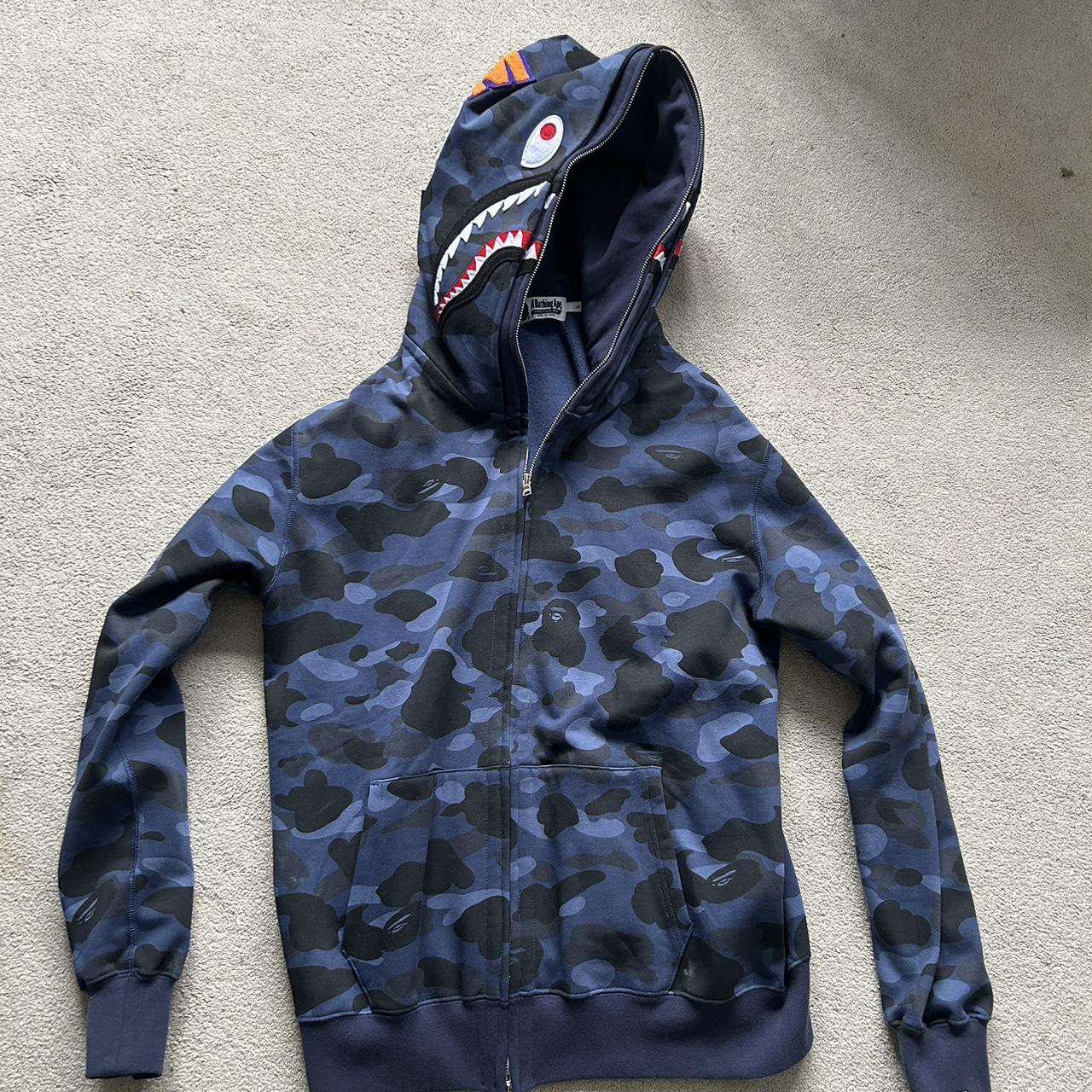 Bape blue camo shark full zip hoodie Size L Never... - Depop