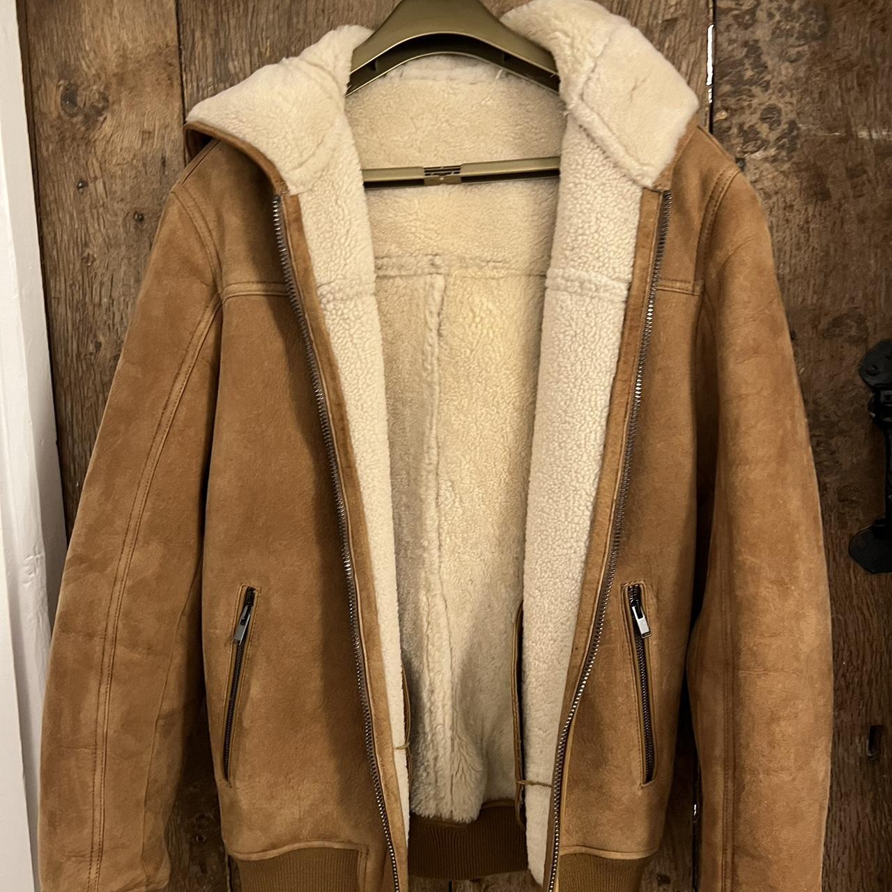 Mens real sheepskin Zara bomber jacket with hood.... Depop