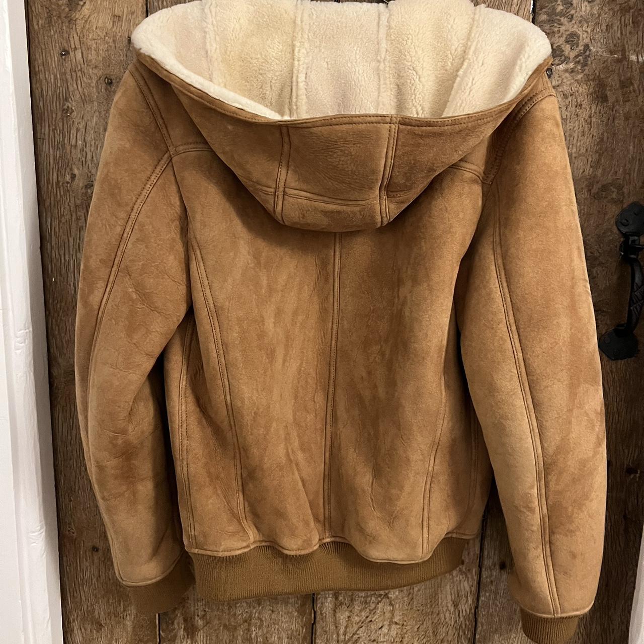 Mens real sheepskin Zara bomber jacket with hood.... Depop
