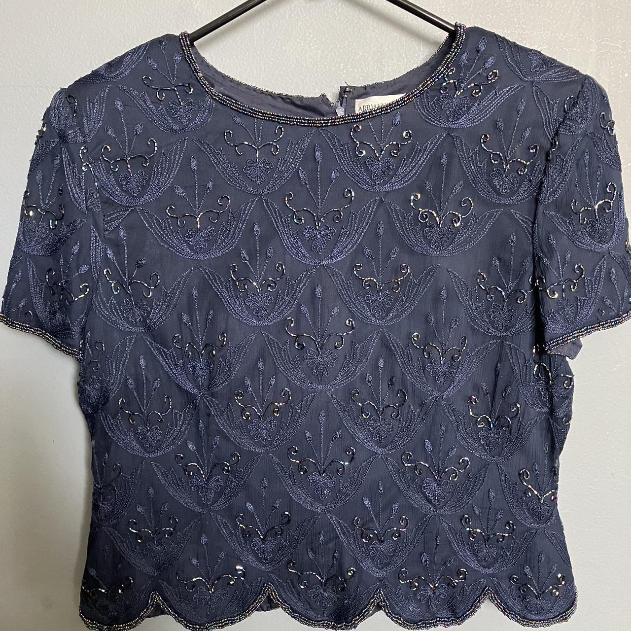 VTG Adrianna Papell Navy Blue Hand Beaded Blouse