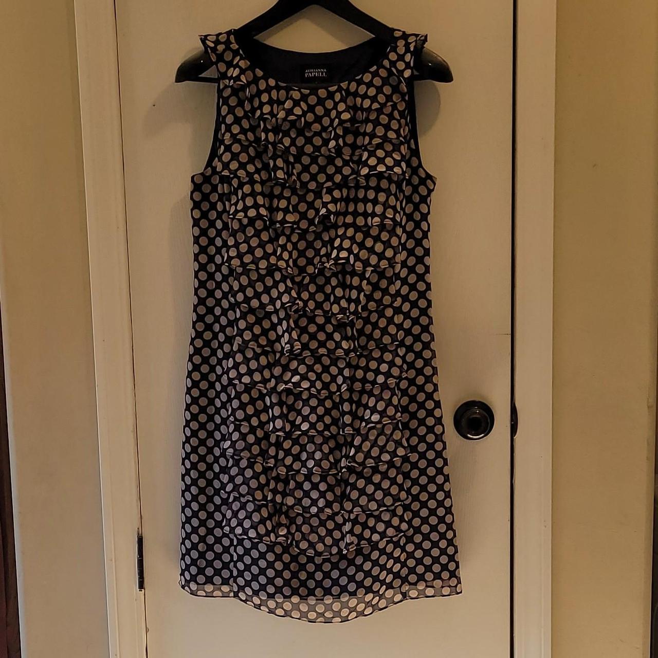 Adrianna Papell navy and cream polka dot dress Depop