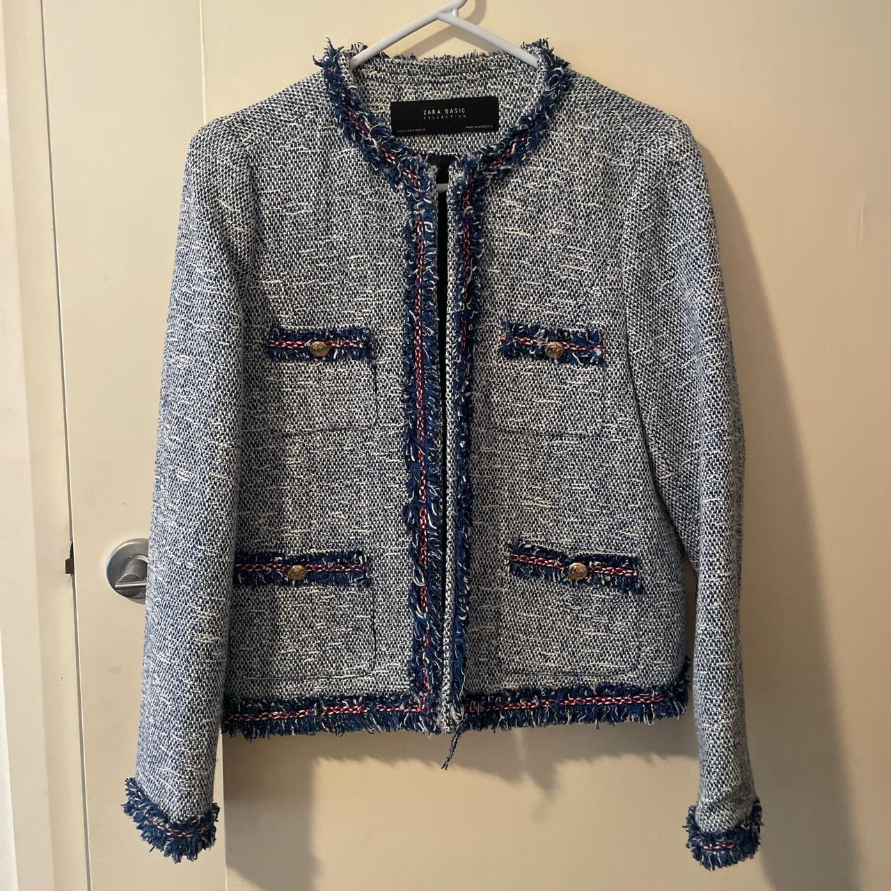 ZARA BASIC Blue tweed jacket Size S Worn only Depop