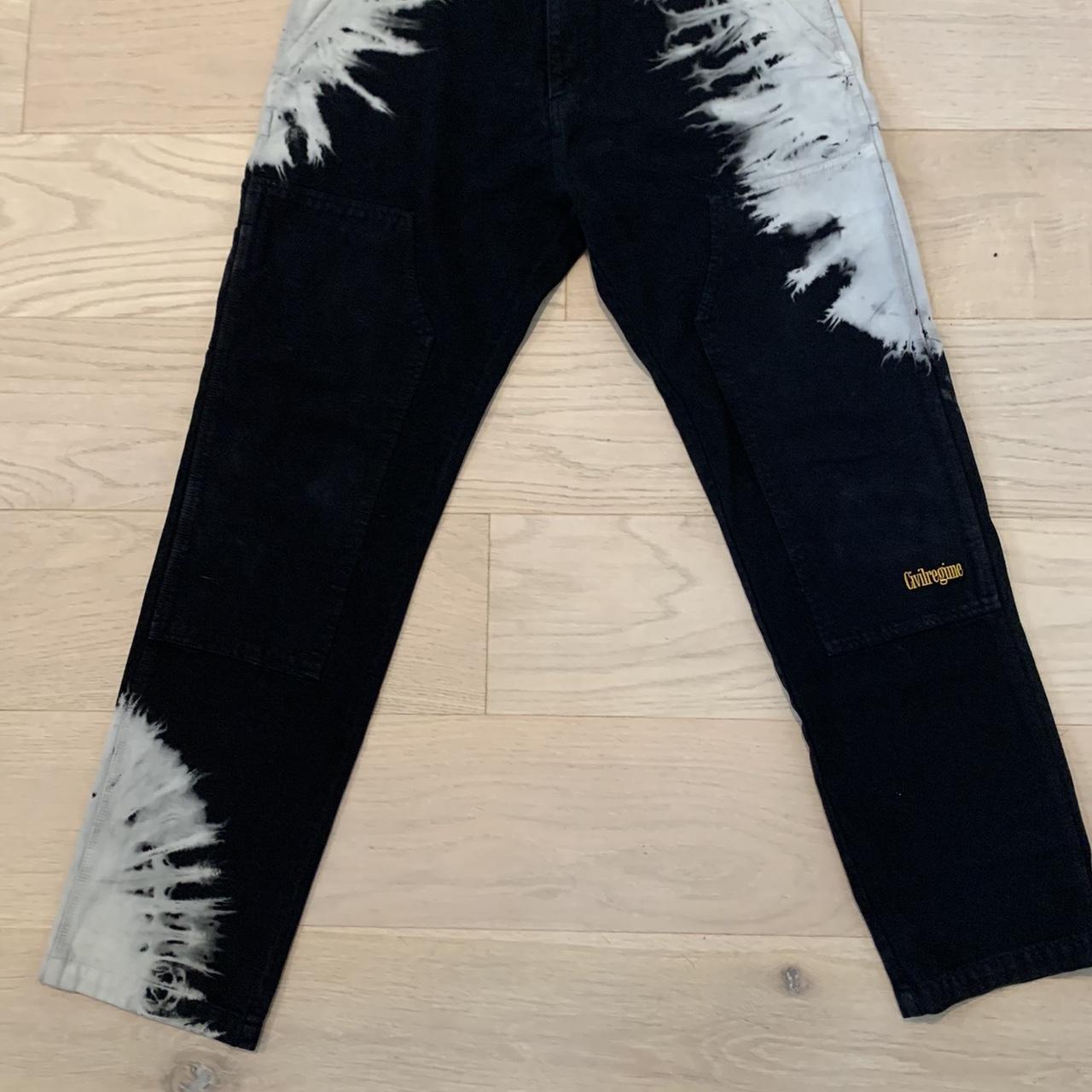 civil regime black work jeans with white/grey tie... - Depop