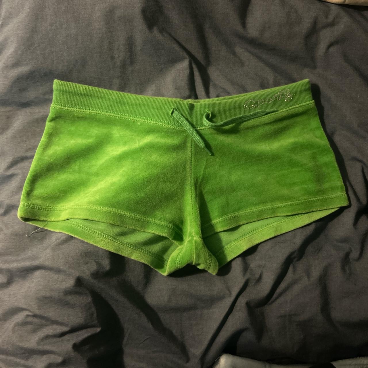 tiny tinyyy green velvet texture shorts with... - Depop