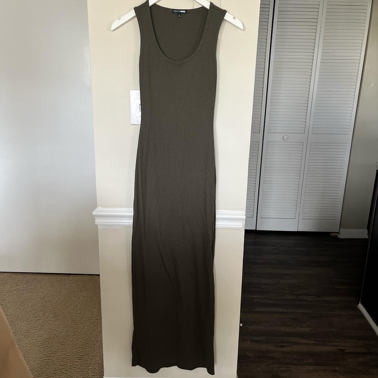 Small Olive Green Cotton Blend Maxi Dress with Stretch - Depop