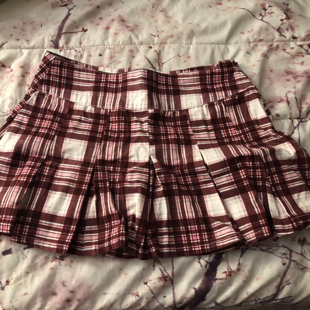 Red and pink plaid mini skirt - Depop