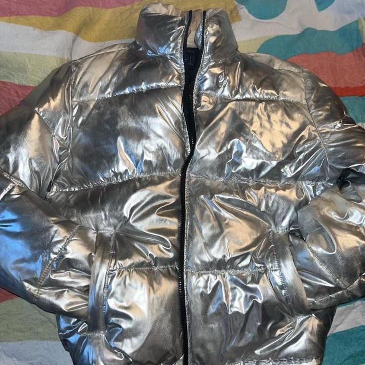 Silver puffer jacket - Depop