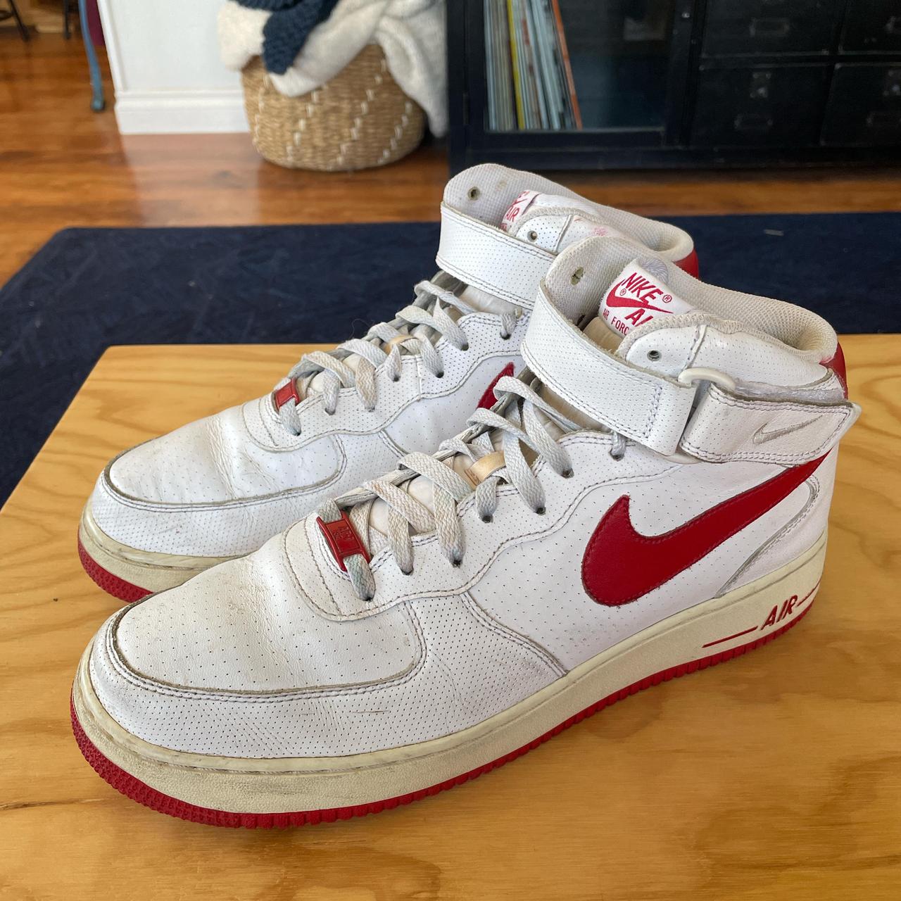 Used Nike Air Force 1 Mid White/Red Trainers - Depop