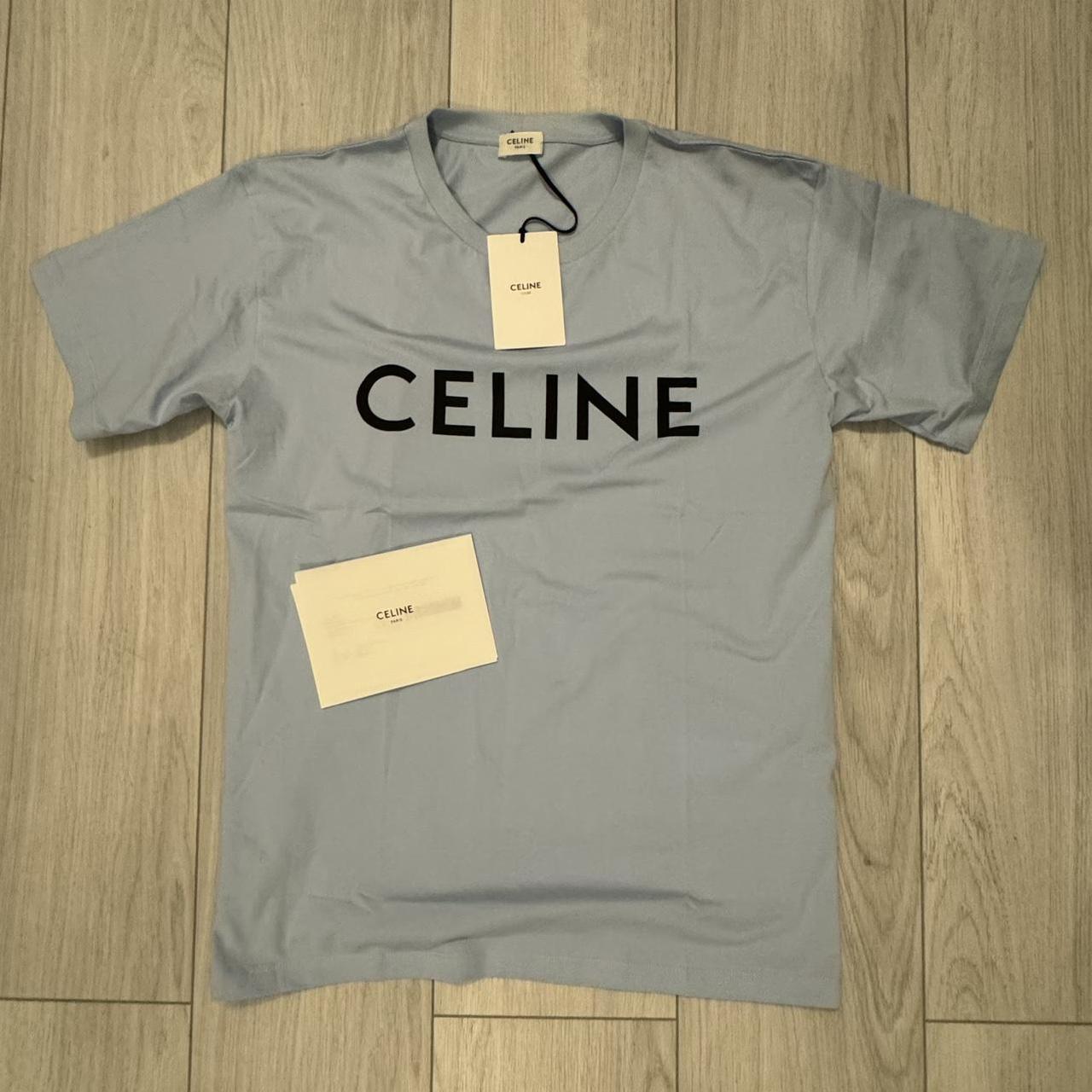 Celine logo t shirt Baby blue Used Small Proof of... - Depop