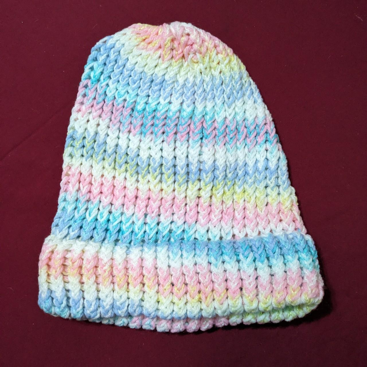 Hand-knitted, one-size-fits-most, pastel colored hats - Depop