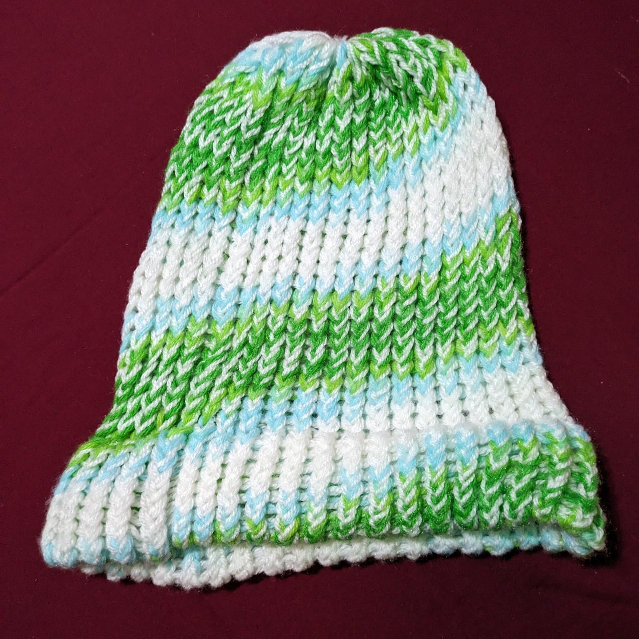 Hand-knitted, one-size-fits-most, greenbluewhite... - Depop