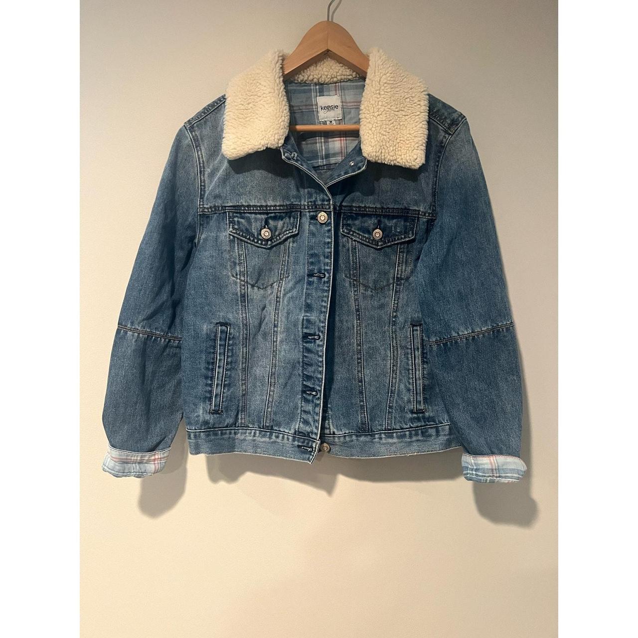 Kensie Denim Sherpa Jacket Featuring plaid cuffs