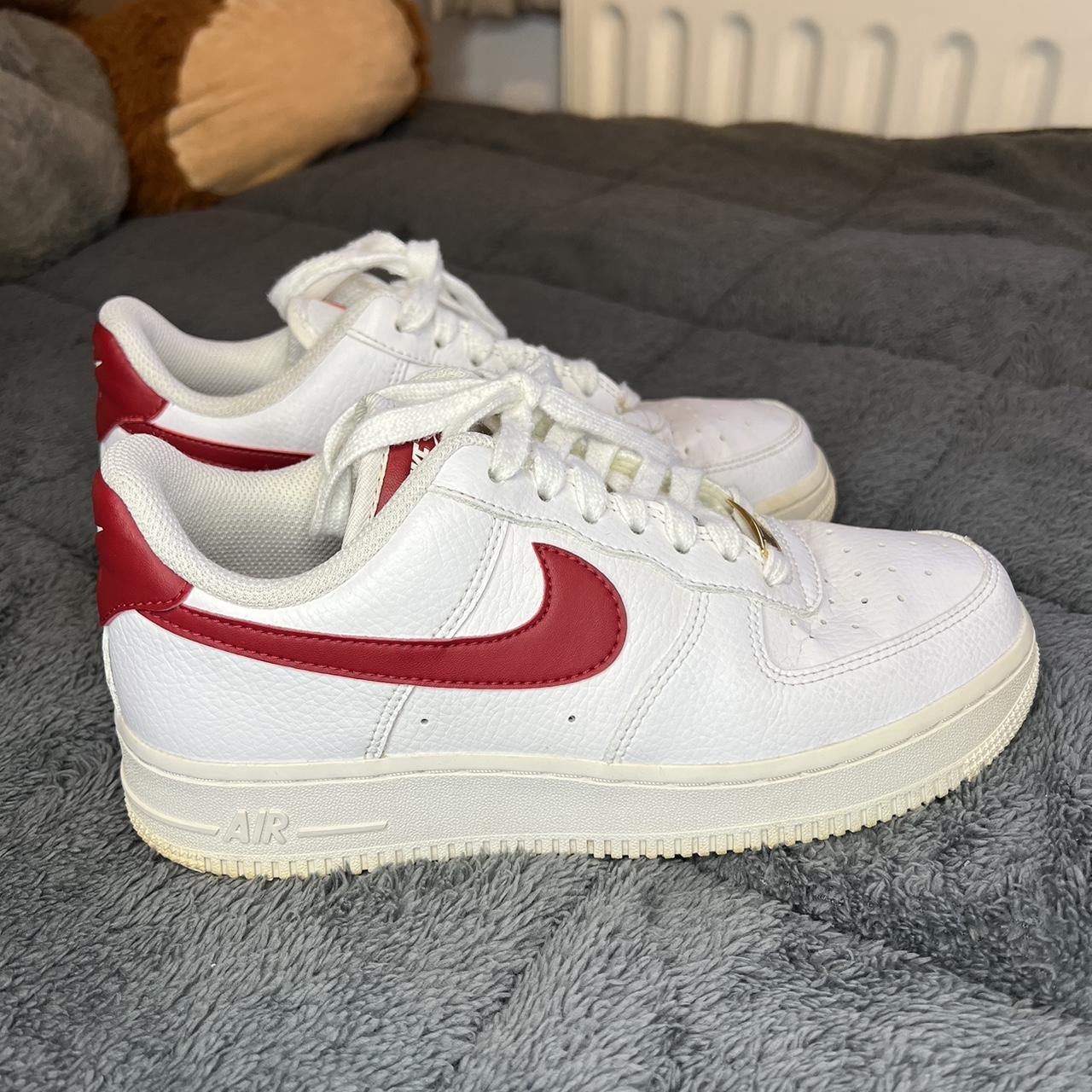 Nike white and red air force one trainers Worn a... - Depop