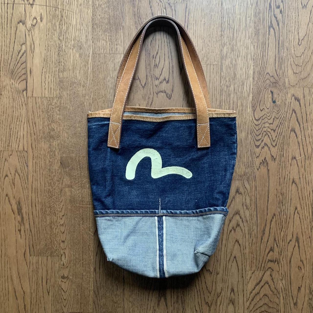 Vintage Y2K Evisu denim and leather shoulder tote | Depop