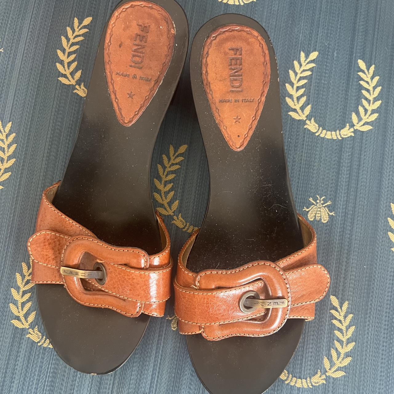 Fendi wood and leather mules. Sz 38 Depop