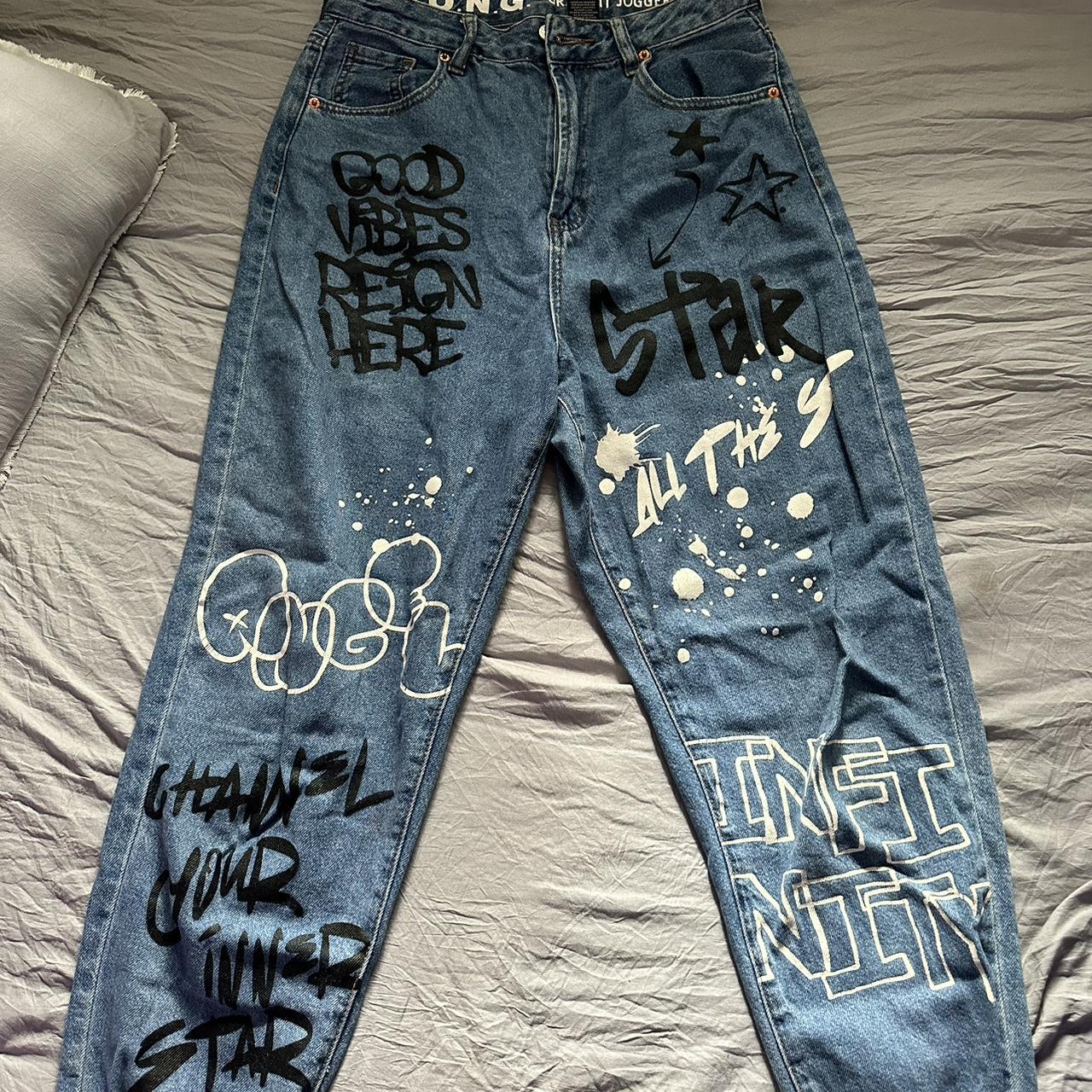 Womens medium, graffiti jean joggers | Depop