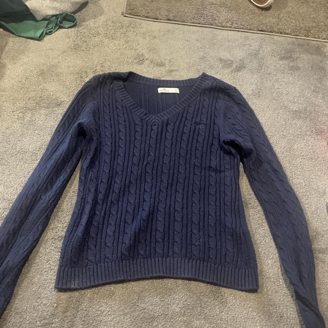 Hollister navy blue cable knit jumper - Depop