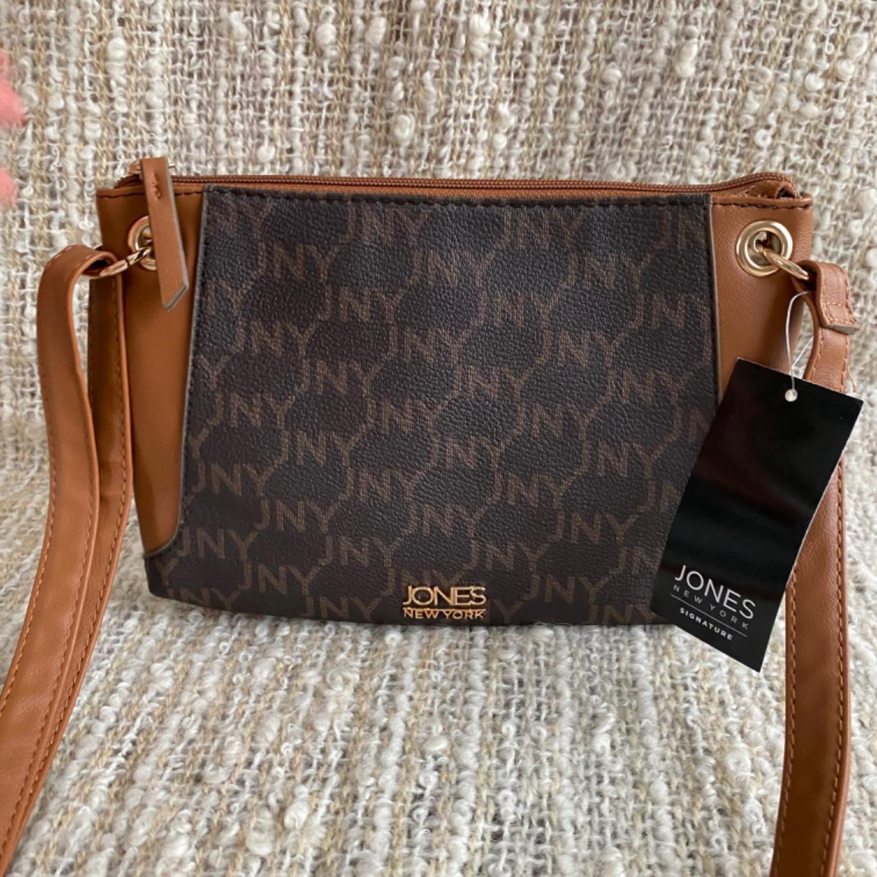 Crossbody Pouch Crossbody Bag Jones New York Handbags Jones New York  Signature Handbag Purse Brown Monogram Pattern Faux Leather New