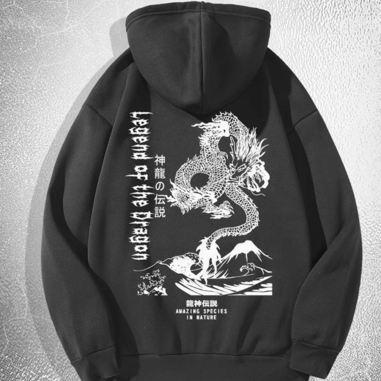 Dragon Print, Men's Casual Hoodie, Drawstring Pocket... - Depop