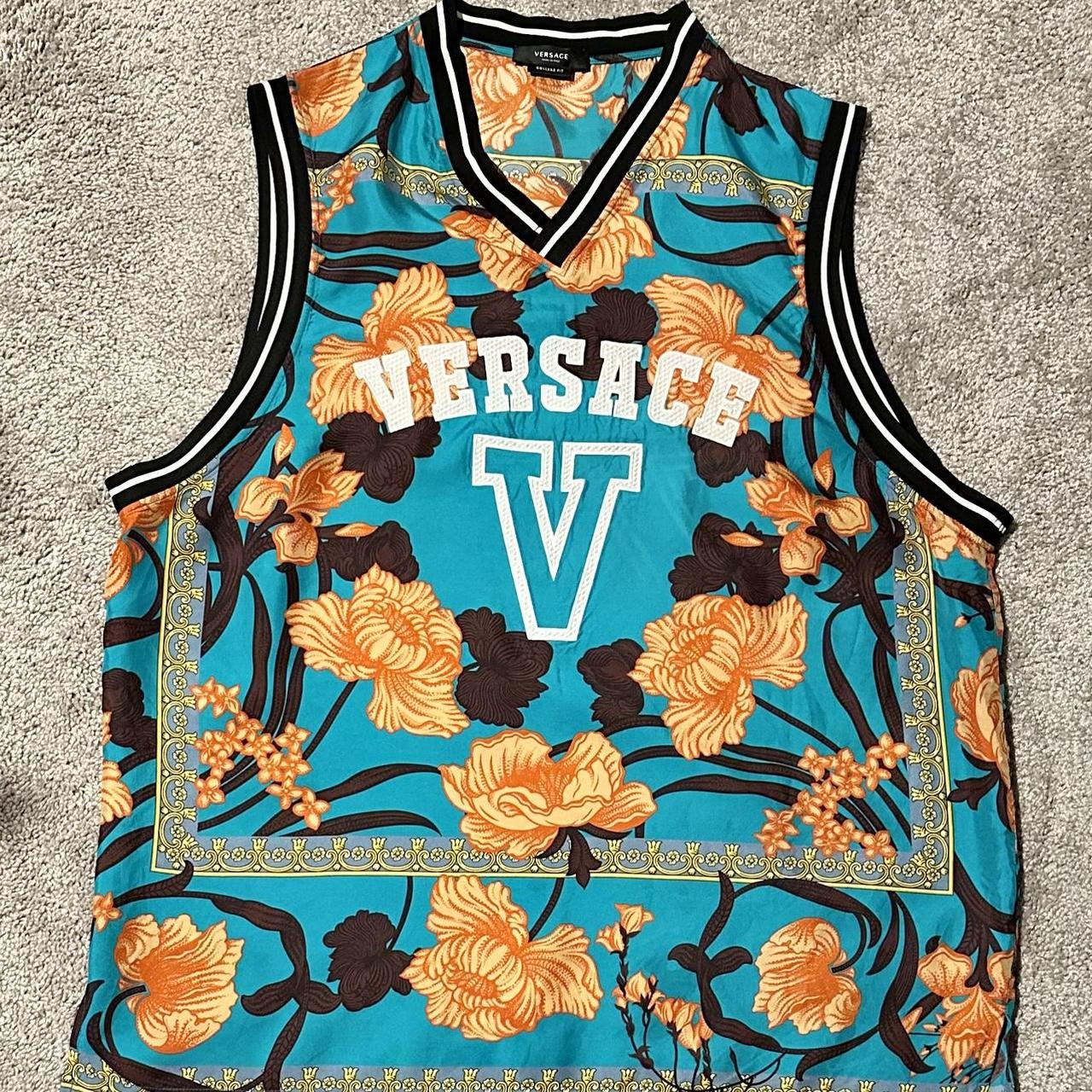 Medium turquoise Versace silk floral art Depop