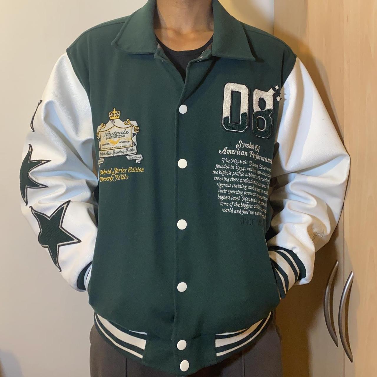 Jaded London Neutrals Varsity Jacket in Green Open | Depop