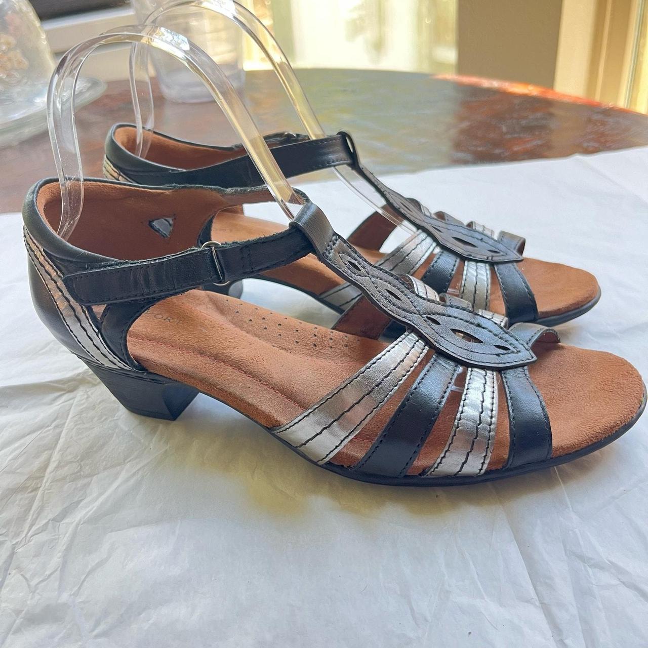 Rockport Abbott T Strap Black Silver Leather Sandal