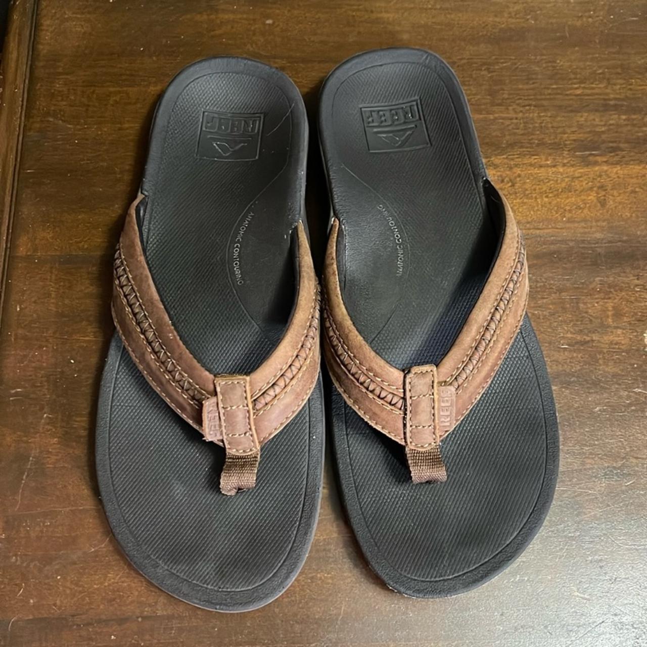 Mens Reef Flip Flops Brown leather Ortho... - Depop