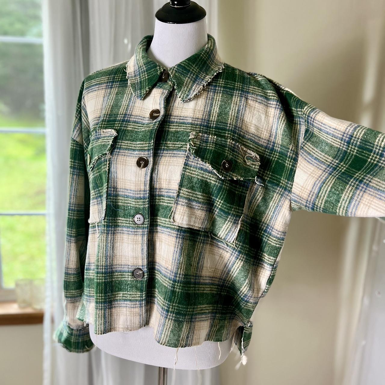 Green plaid flannel high-low button-up shirt Grunge | Depop