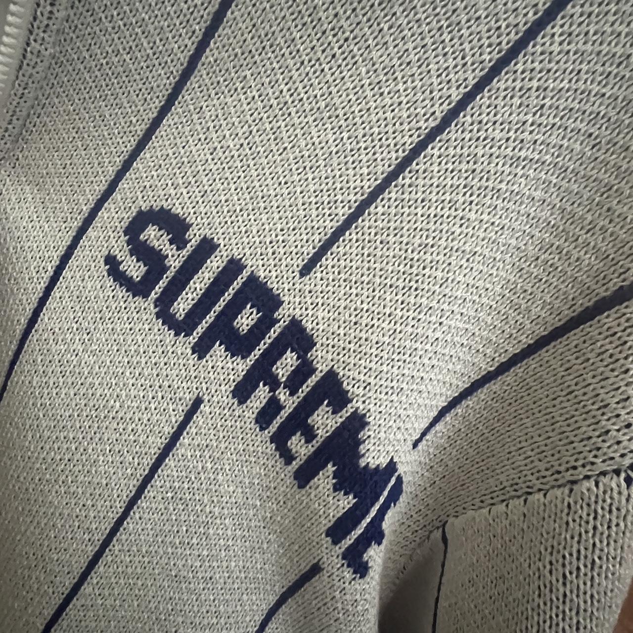 Supreme Pinstripe Varsity Zip Up Sweater White - | Depop