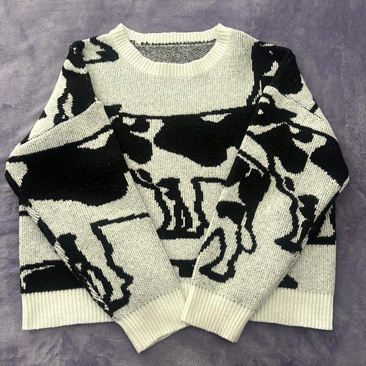 Slightly worn, full cow print, knit sweater, size S - Depop