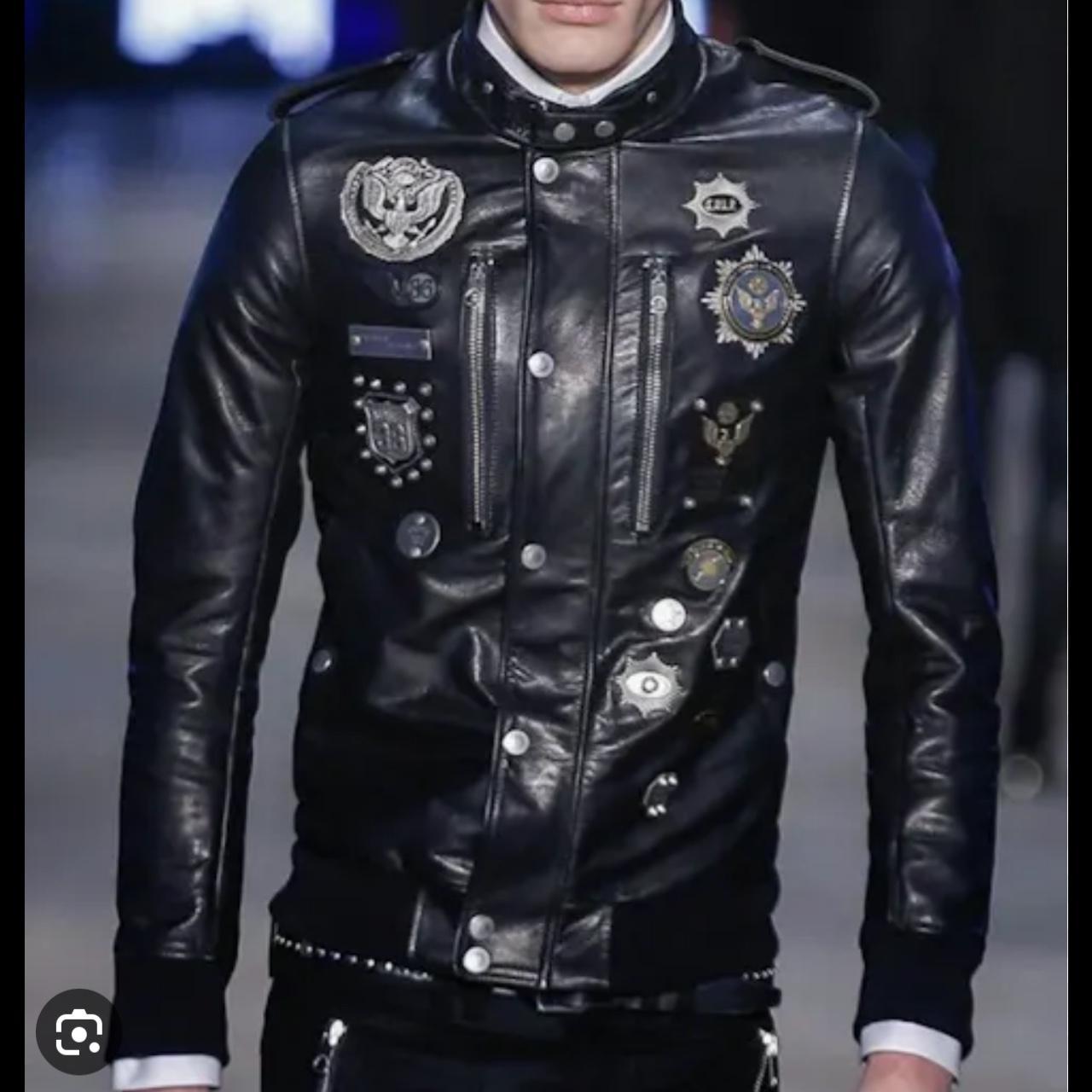 Diesel Black Gold Leather Jacket with Metal Badges | Depop