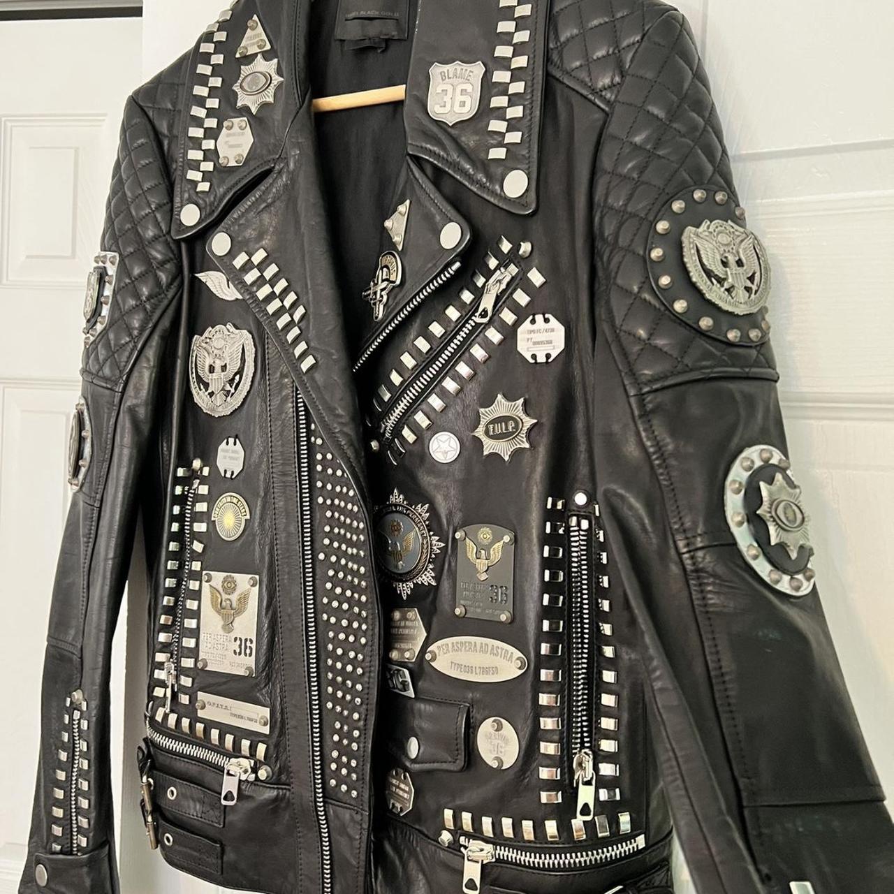 Diesel Black Gold Leather Jacket with Metal Badges | Depop