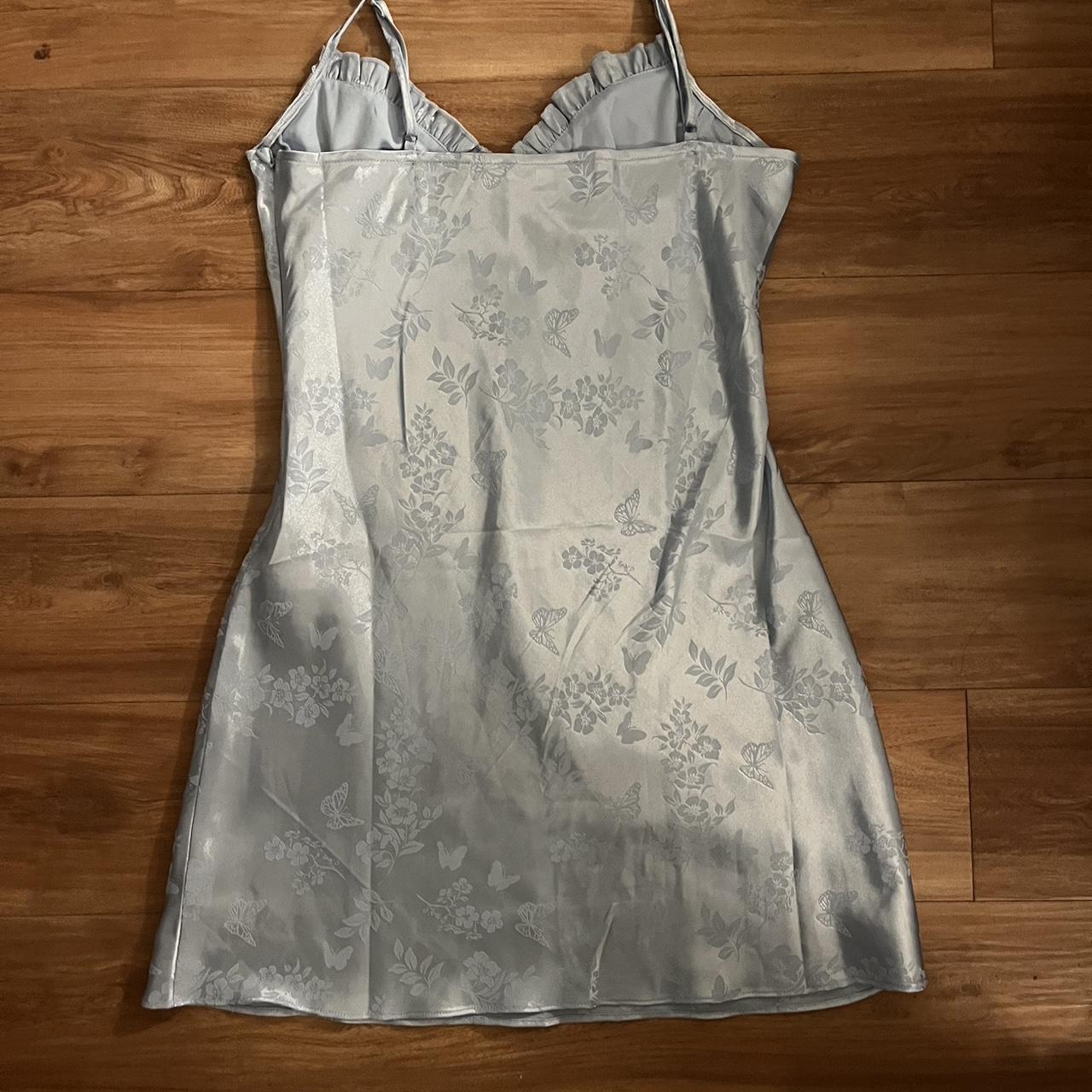 medium baby blue satin dress with flowers and... - Depop