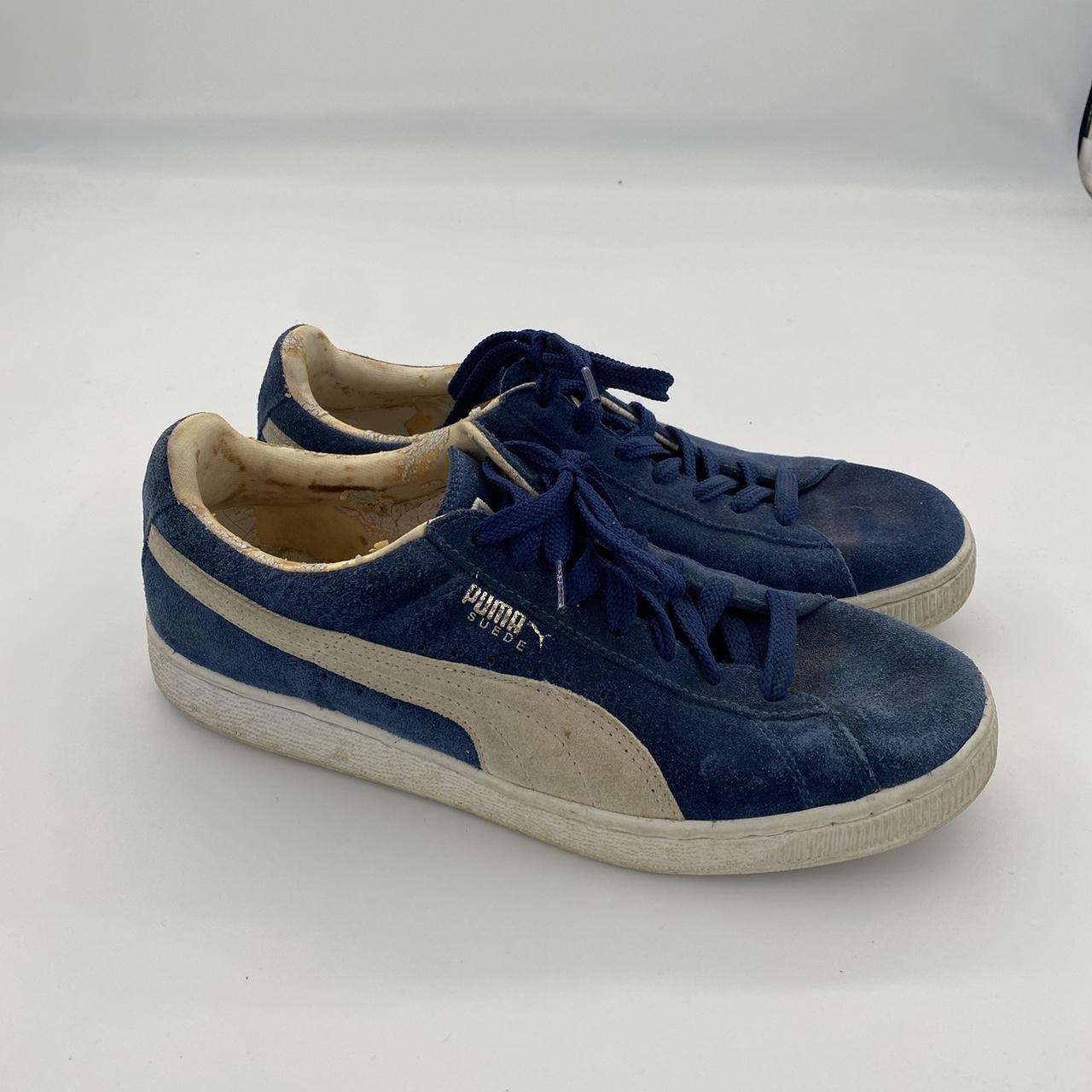 Puma navy blue and cream suede trainers Size US Depop