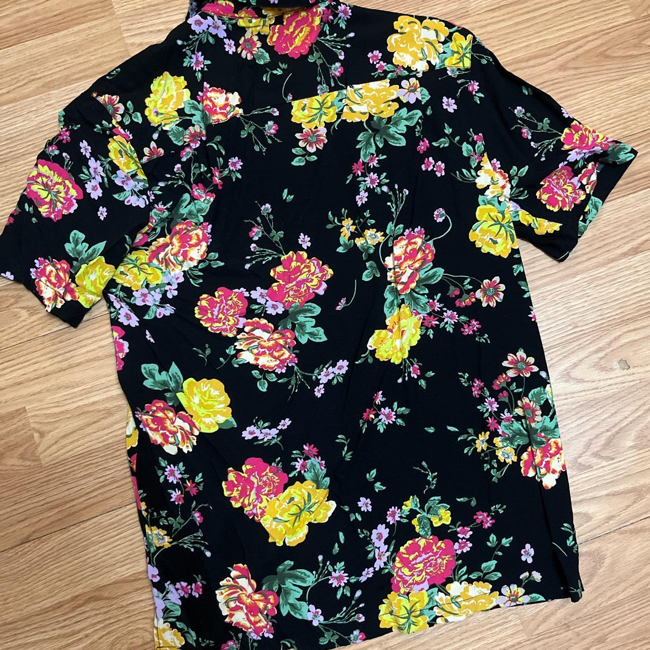 urban outfitters black floral rayon button up size... - Depop