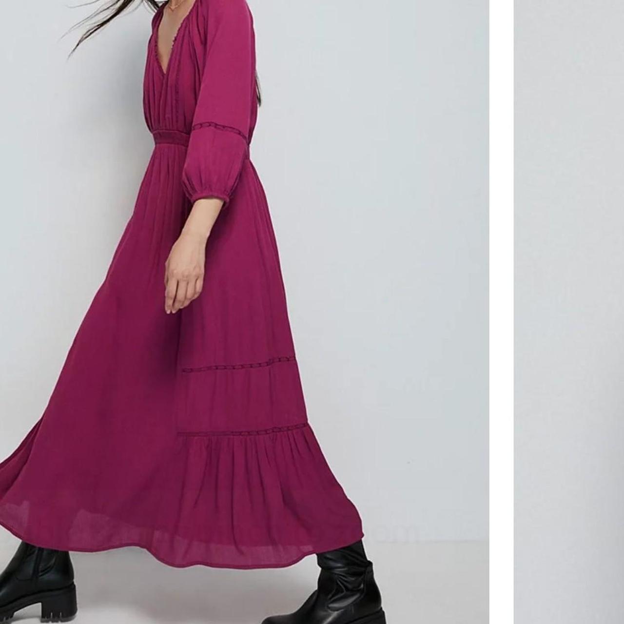 Dark Pink Crinkle Boho Midi Dress, • V