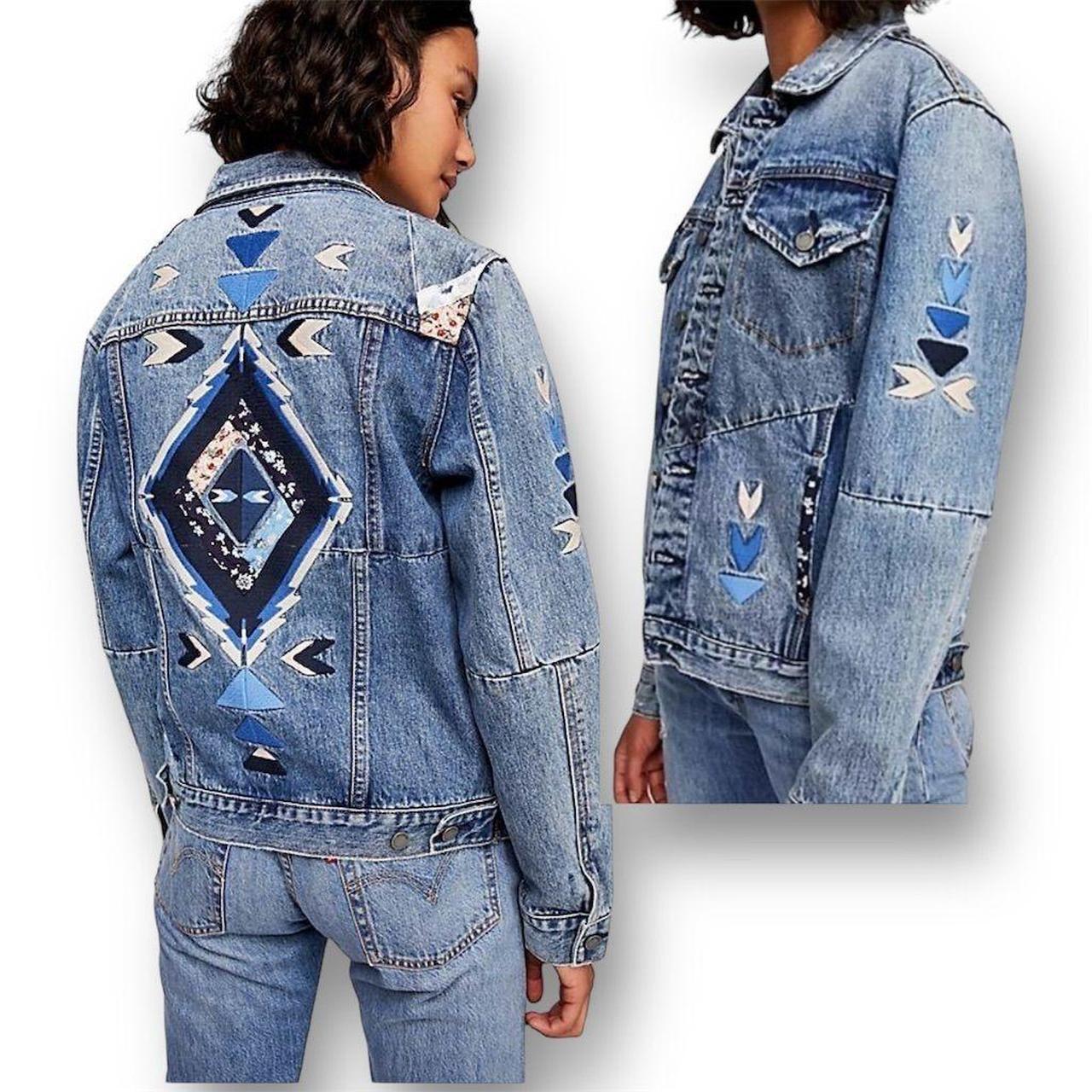 Free People X BlankNYC Blue Embroidered Denim Jacket