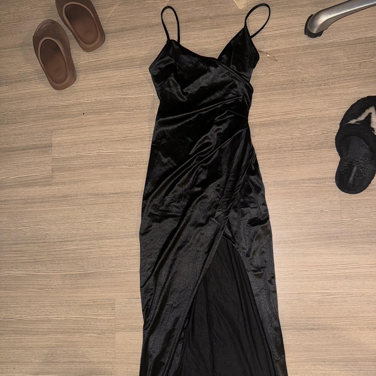 black dress, slit on leg. satin material. size s. - Depop