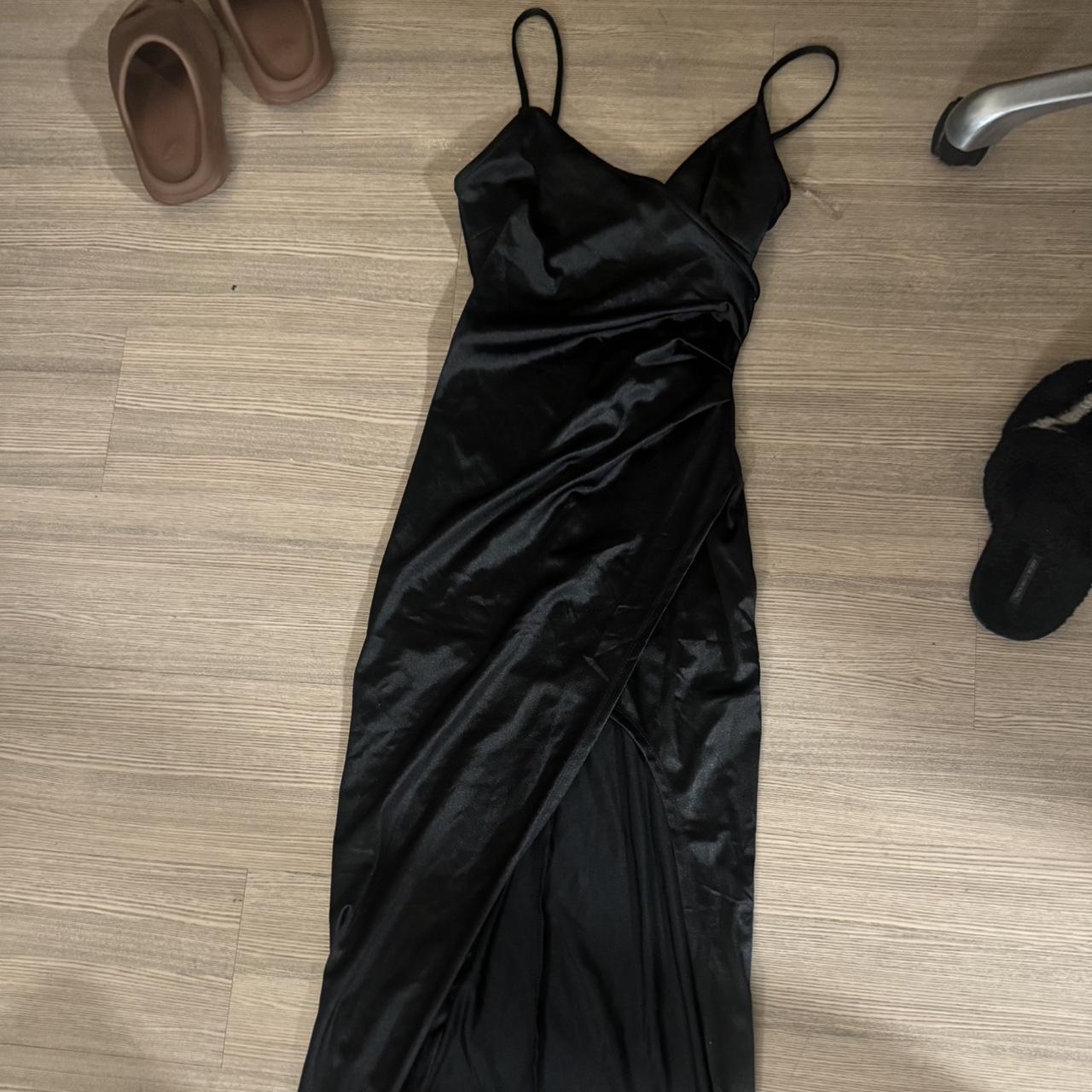 black dress, slit on leg. satin material. size s. - Depop