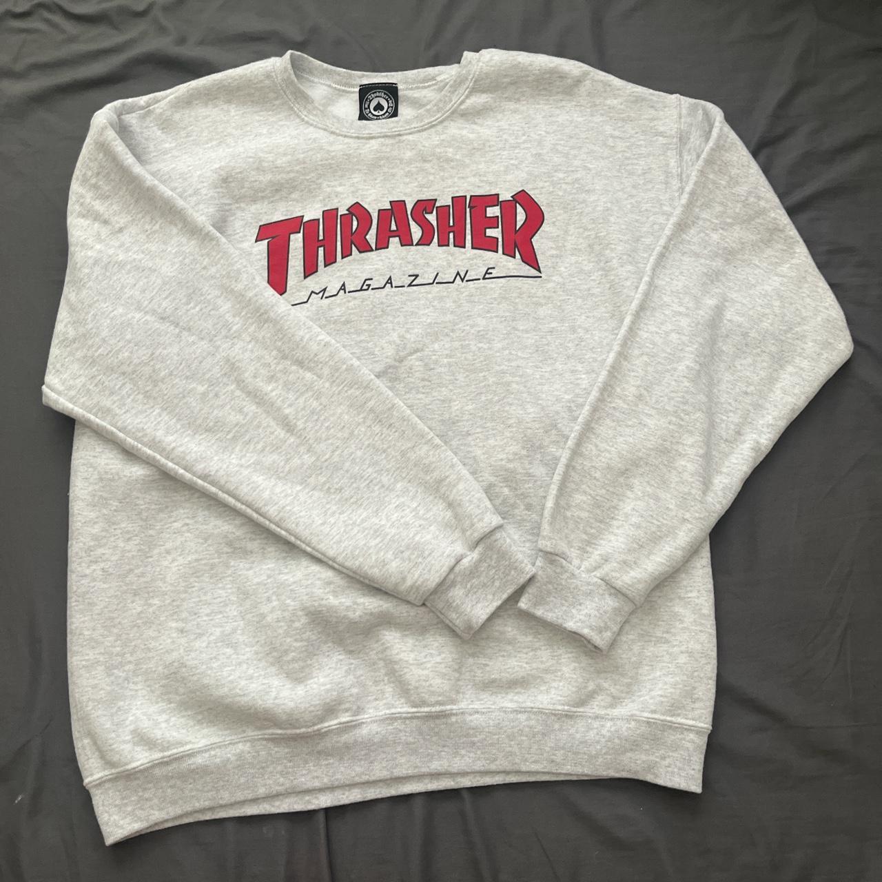 Light gray thrasher crew neck red logo SIZE L Depop