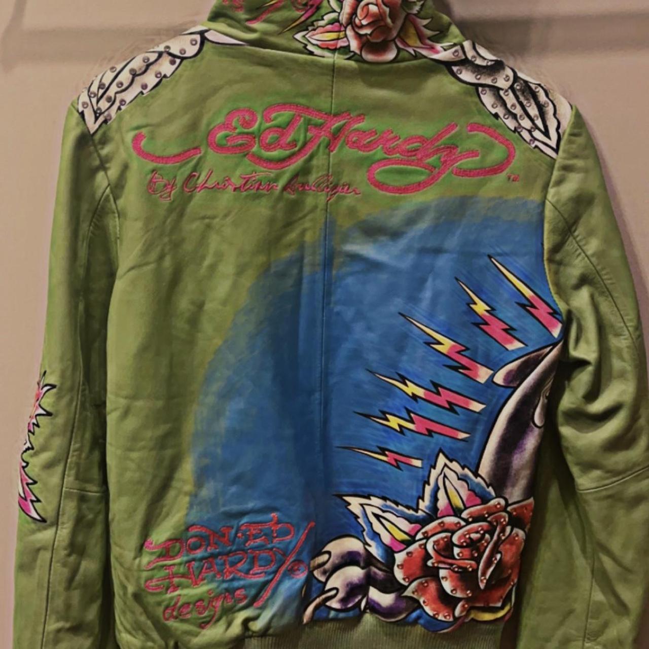 ED HARDY (RARE) Leather zip up jacket studded all... - Depop